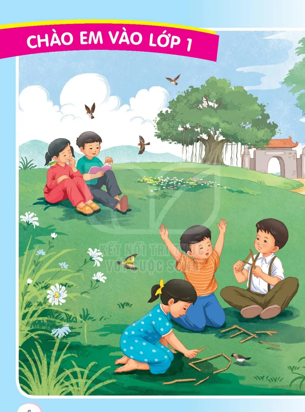 các bạn nhỏ chơi đùa, đọc sách trên bãi cỏ gần cây đa và cổng làng.