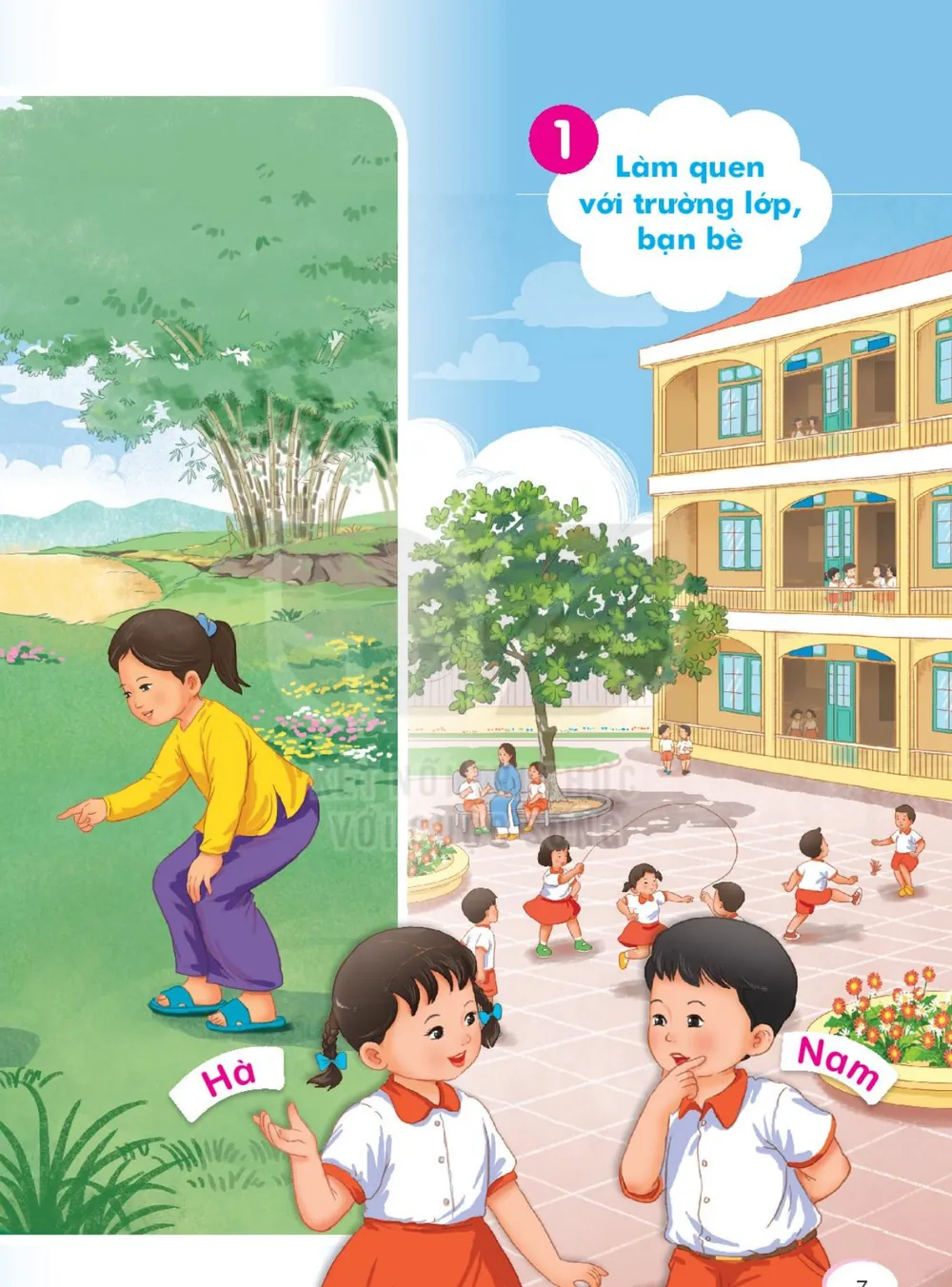 sân trường, học sinh vui chơi trước dãy lớp học; hai bạn Hà và Nam.