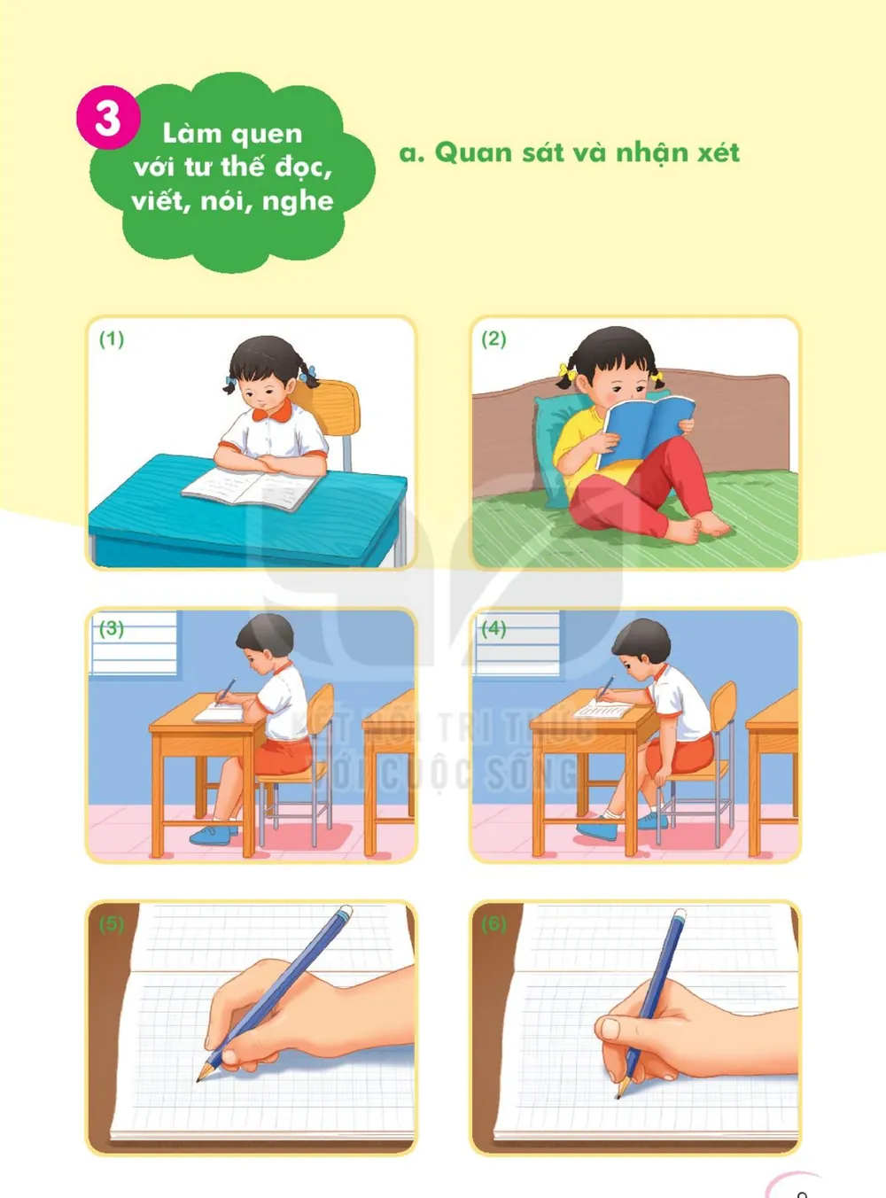 tư thế ngồi đọc, ngồi viết, cách cầm bút đúng và sai; lớp học nghe cô giáo đọc.
