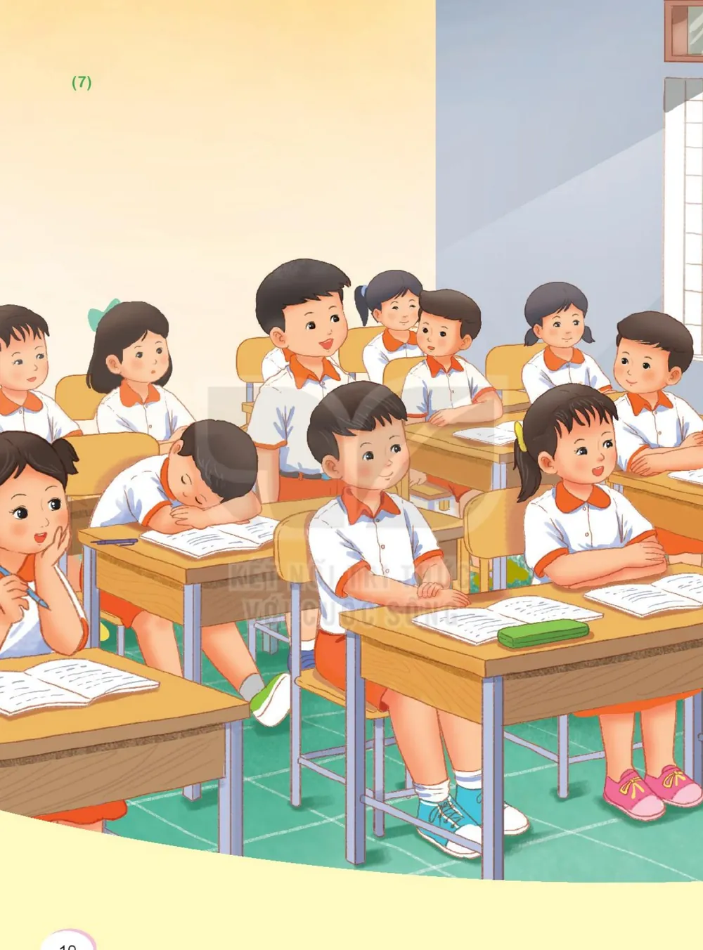 tư thế ngồi đọc, ngồi viết, cách cầm bút đúng và sai; lớp học nghe cô giáo đọc.