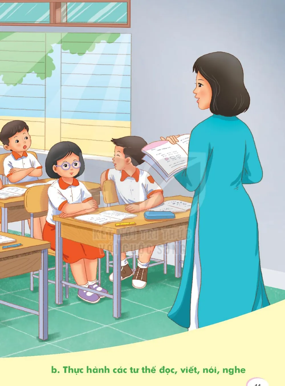 tư thế ngồi đọc, ngồi viết, cách cầm bút đúng và sai; lớp học nghe cô giáo đọc.