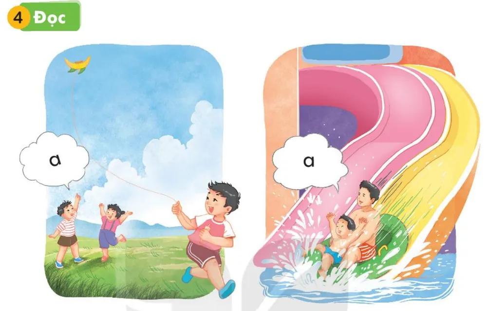 các bạn thả diều trên đồng cỏ, reo "a"; hai bạn trượt máng nước, reo "a".