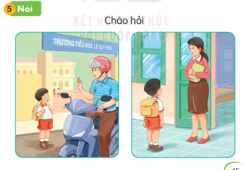 bạn nhỏ chào bố ở cổng Trường Tiểu học Lê Quý Đôn; bạn nhỏ chào cô giáo ở cửa lớp.
