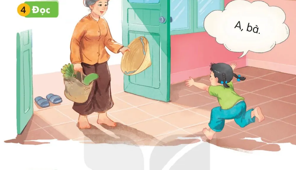 bé chạy ra đón bà đi chợ về.