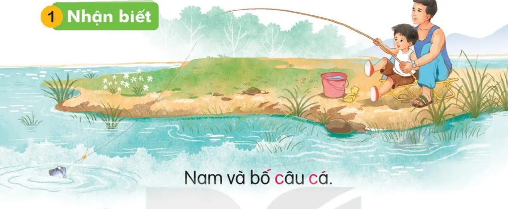 Nam và bố ngồi câu cá bên hồ.