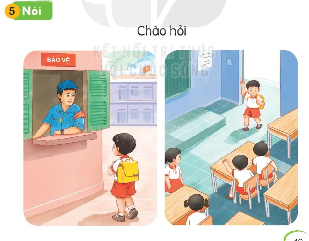 bạn nhỏ chào bác bảo vệ ở phòng Bảo vệ; bạn nhỏ vẫy chào các bạn khi vào lớp.