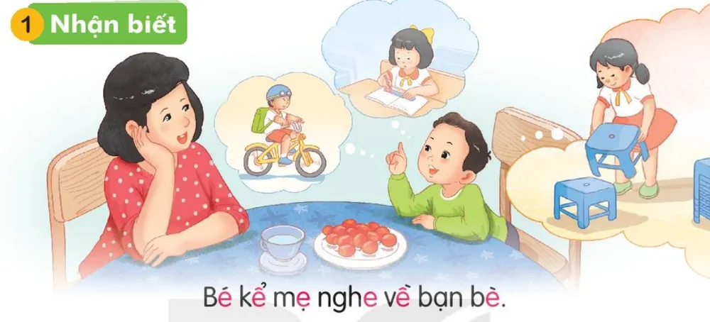 bé kể cho mẹ nghe về các bạn đi xe đạp, tập viết, xếp ghế.