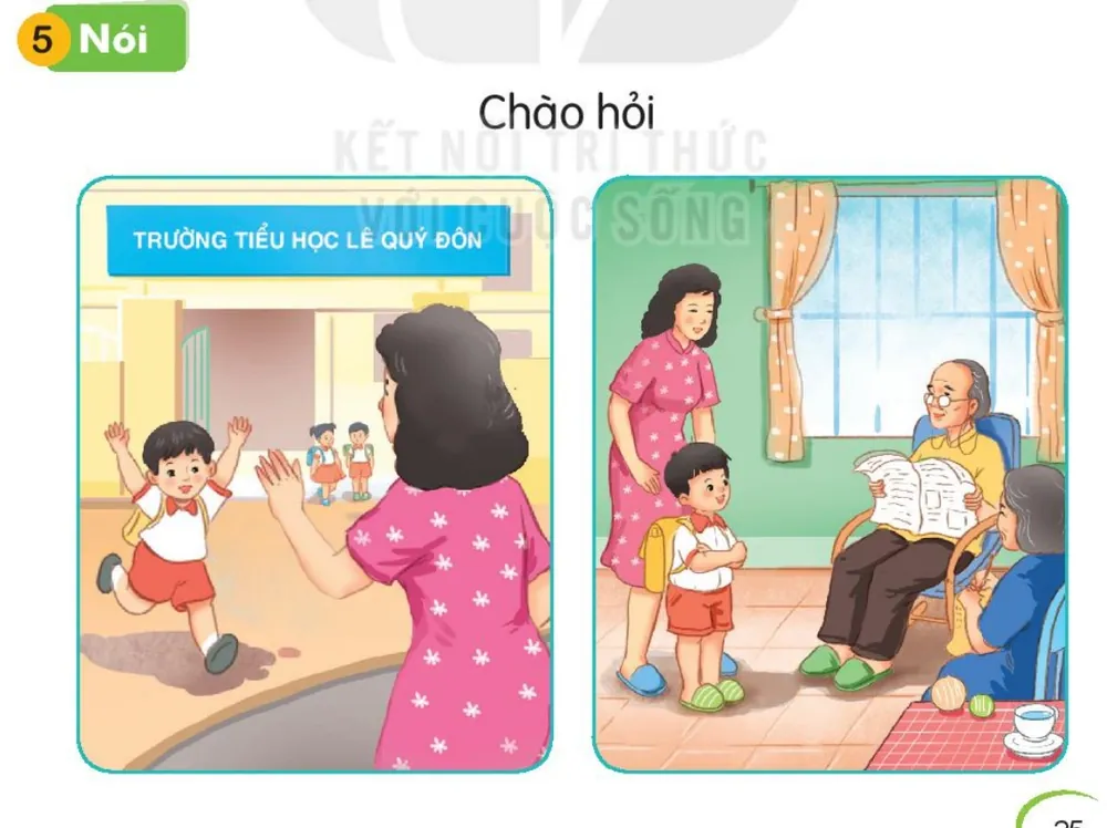 bạn nhỏ chạy ra chào mẹ ở cổng Trường Tiểu học Lê Quý Đôn; bạn nhỏ khoanh tay chào ông bà.
