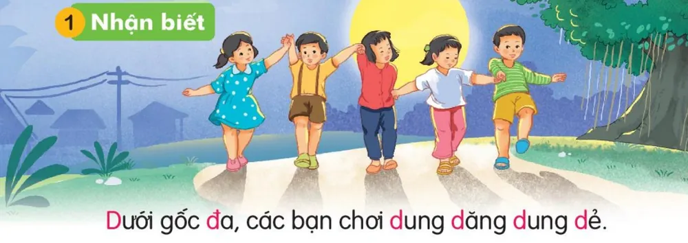 các bạn nắm tay nhau chơi dưới gốc đa, trăng tròn sau lưng.