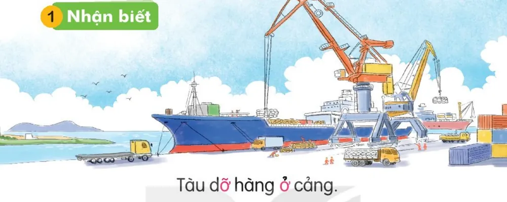 tàu lớn cập cảng, cần cẩu bốc dỡ hàng.