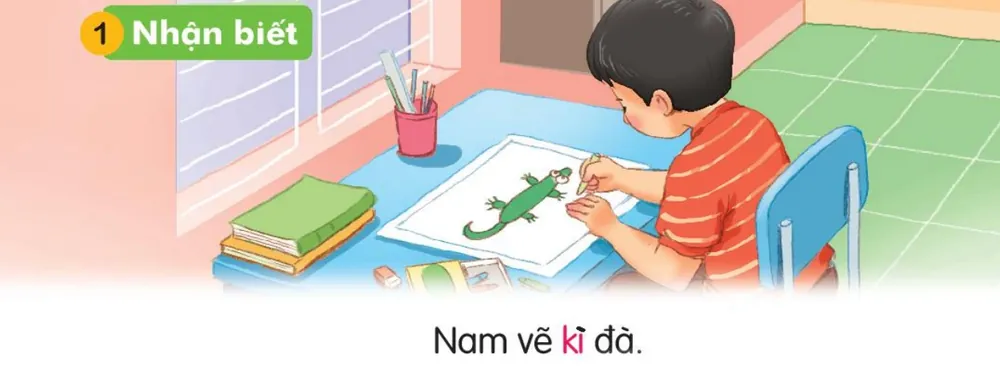Nam ngồi vào bàn vẽ con kì đà.