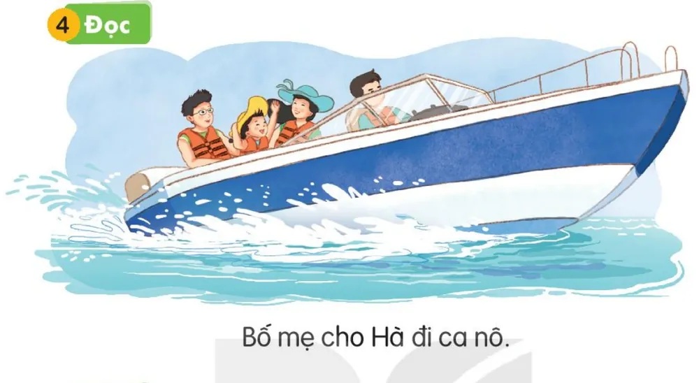 Cả nhà đi ca nô trên sông. Câu dưới tranh: "Bố mẹ cho Hà đi ca nô."