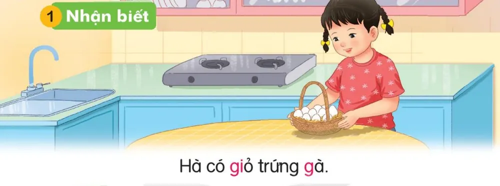 Hà bưng giỏ trứng trong bếp. Câu dưới tranh: "Hà có giỏ trứng gà."