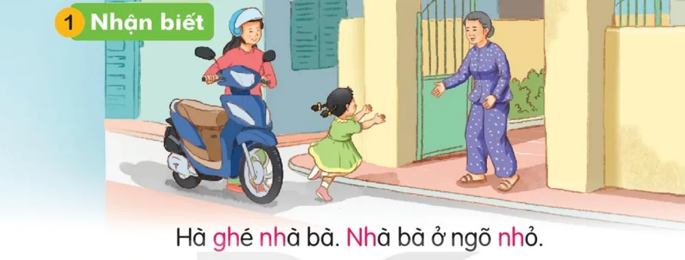 Mẹ chở Hà đến, Hà chạy lại ôm bà ở cổng nhà. Câu dưới tranh: "Hà ghé nhà bà. Nhà bà ở ngõ nhỏ."