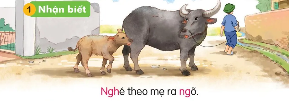 Chú nghé đi theo trâu mẹ ra ngõ, bạn nhỏ dắt trâu. Câu dưới tranh: "Nghé theo mẹ ra ngõ."