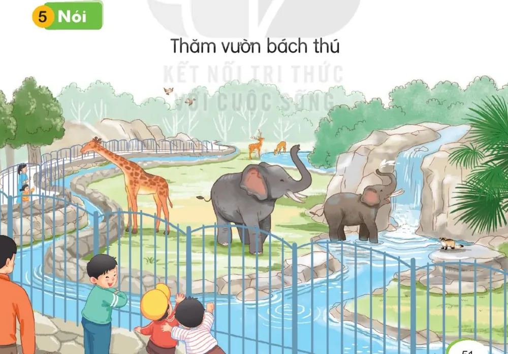 Các bạn nhỏ đứng bên hàng rào xem hươu cao cổ, voi ở vườn bách thú.