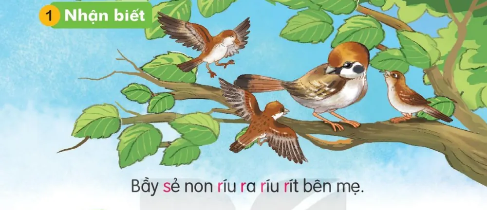Chim sẻ mẹ và bầy sẻ con trên cành cây. Câu dưới tranh: "Bầy sẻ non ríu ra ríu rít bên mẹ."