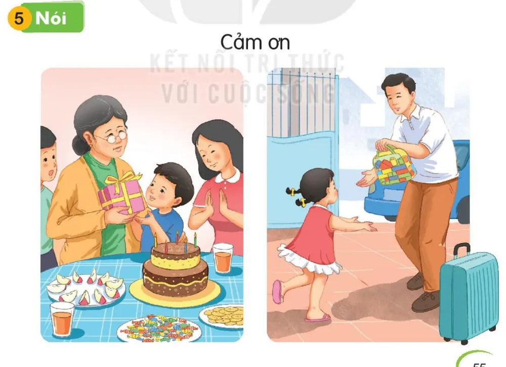 Bạn nhỏ nhận quà sinh nhật từ bà; bạn gái chạy ra đón bố đi xa về mang quà.