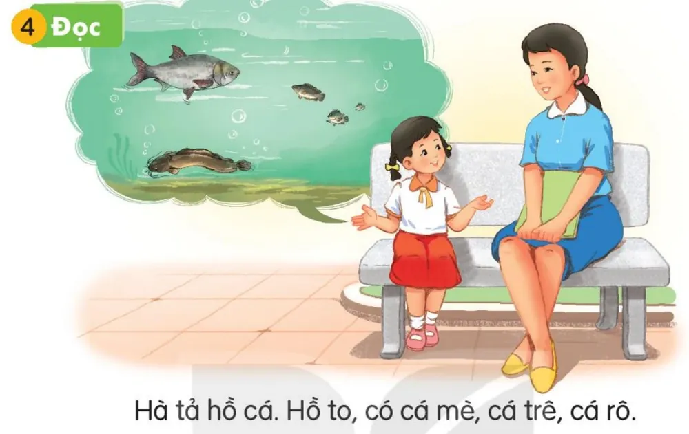 Hà ngồi ghế đá kể cho cô nghe về hồ cá. Câu dưới tranh: "Hà tả hồ cá. Hồ to, có cá mè, cá trê, cá rô."