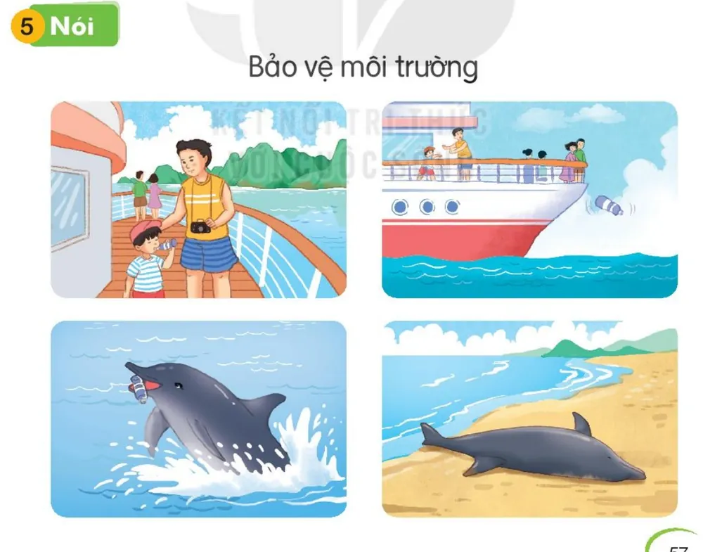 Bạn nhỏ trên tàu ném chai nhựa xuống biển; cá heo mắc chai nhựa, rồi nằm chết trên bãi cát.