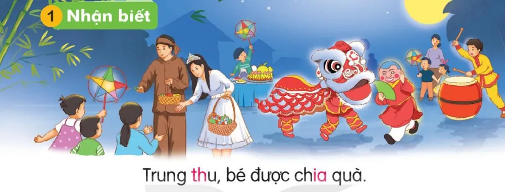 Đêm Trung thu, các bạn nhỏ rước đèn, xem múa lân và được người lớn chia quà. Câu dưới tranh: "Trung thu, bé được chia quà."