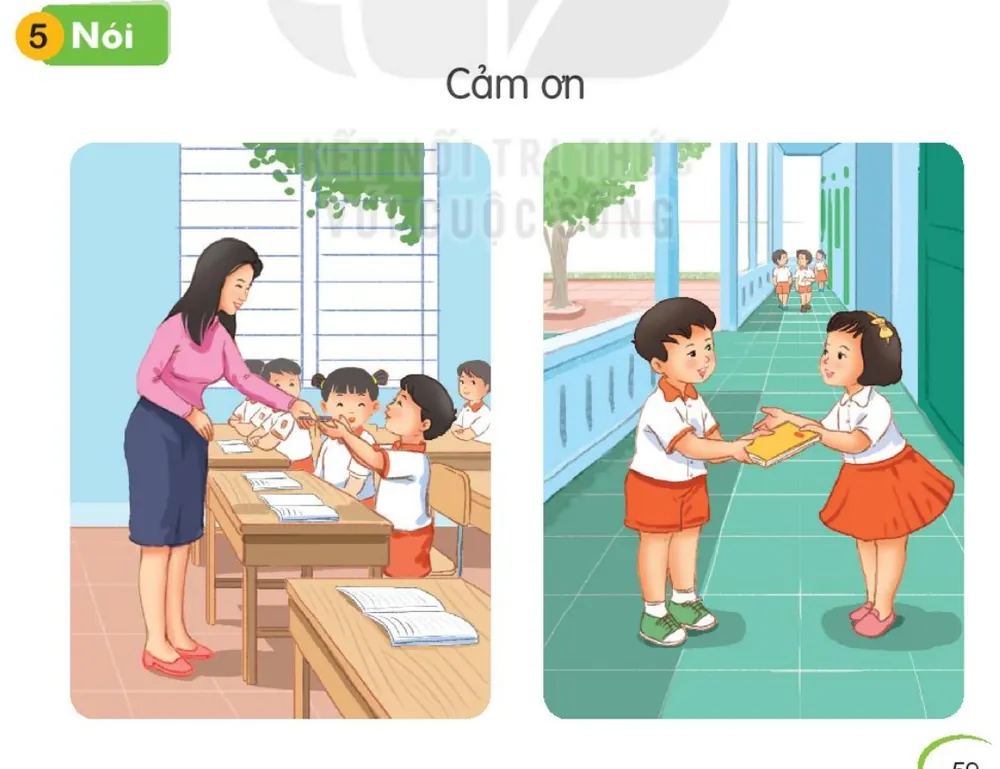 Cô giáo phát đồ cho học sinh trong lớp; hai bạn nhỏ trao nhau quyển sách ở hành lang.
