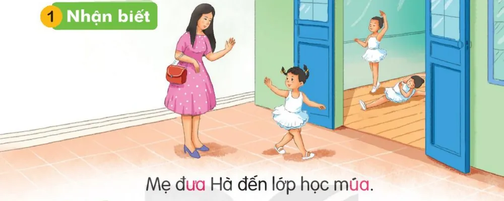 Mẹ vẫy chào Hà ở cửa lớp học múa. Câu dưới tranh: "Mẹ đưa Hà đến lớp học múa."