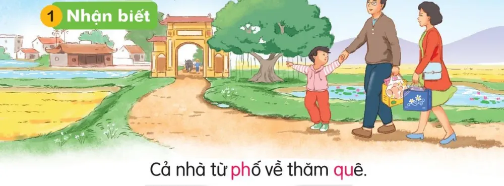 Bố mẹ dắt bé xách quà đi trên đường làng về quê. Câu dưới tranh: "Cả nhà từ phố về thăm quê."