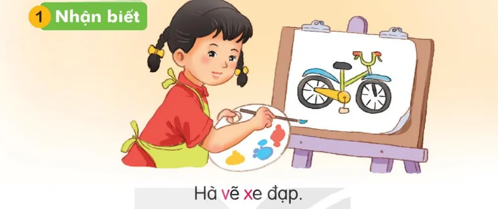 Hà cầm bảng màu vẽ chiếc xe đạp trên giá vẽ. Câu dưới tranh: "Hà vẽ xe đạp."