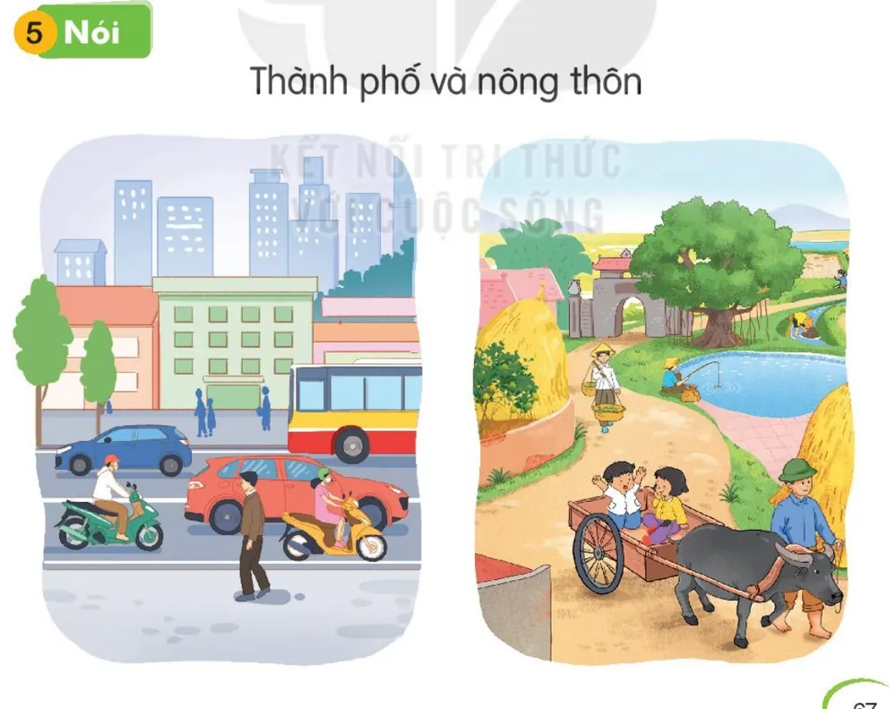 Phố xá đông xe cộ, nhà cao tầng; làng quê có xe trâu, ao cá, đống rơm.