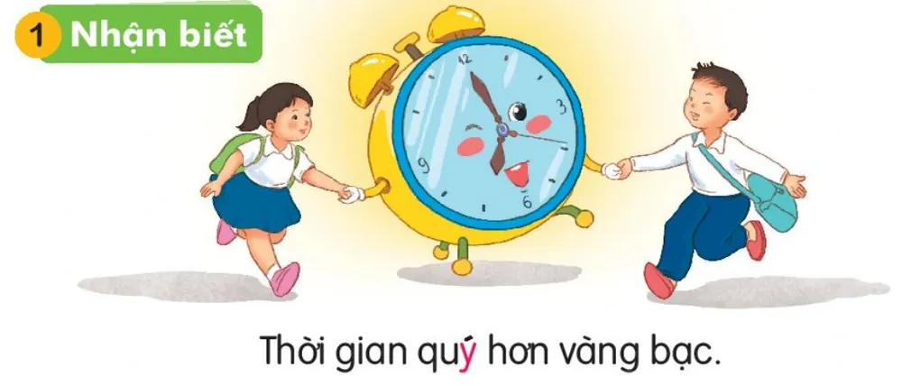 Hai bạn nhỏ đeo cặp nắm tay chiếc đồng hồ báo thức biết cười. Câu dưới tranh: "Thời gian quý hơn vàng bạc."