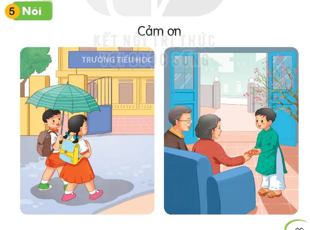 Bạn trai che ô cho bạn gái trước cổng trường tiểu học (biển "TRƯỜNG TIỂU HỌC"); ông bà mừng tuổi bạn nhỏ mặc áo dài ngày Tết.