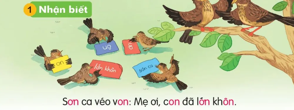 chim sơn ca mẹ và các chim con cầm thẻ chữ. Câu dưới tranh: "Sơn ca véo von: Mẹ ơi, con đã lớn khôn."