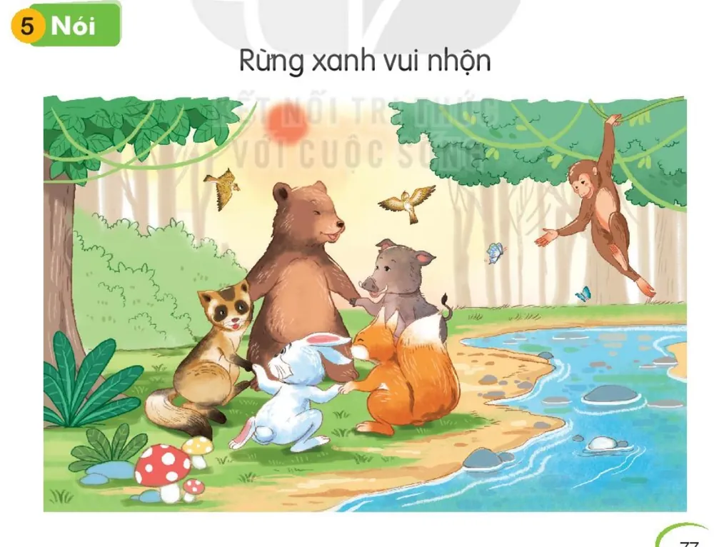gấu, chồn, thỏ, sóc, lợn rừng nắm tay nhau bên suối, khỉ đu cành.