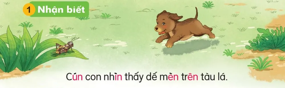 cún con chạy trên bãi cỏ, dế mèn đậu trên lá. Câu dưới tranh: "Cún con nhìn thấy dế mèn trên tàu lá."