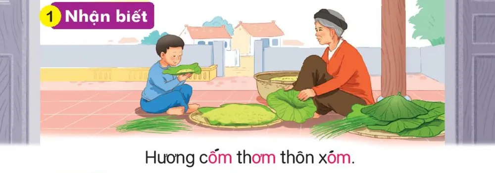bà và cháu gói cốm bằng lá sen ở sân nhà. Câu dưới tranh: "Hương cốm thơm thôn xóm."