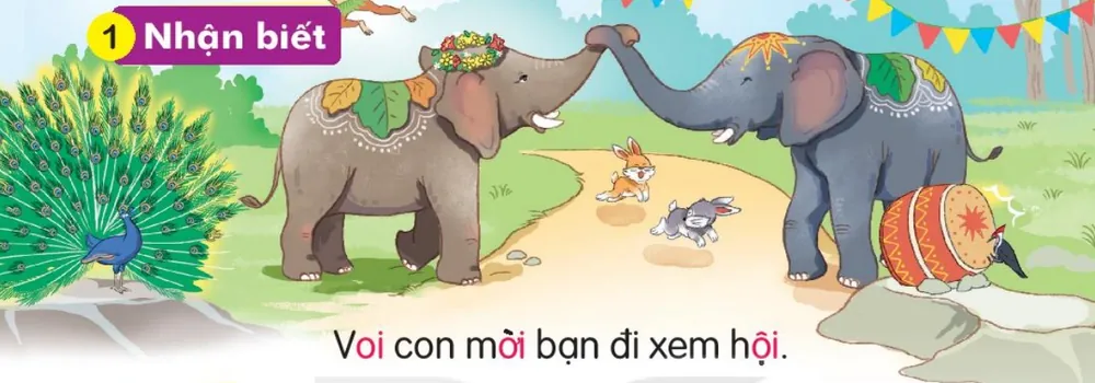 hai chú voi chạm vòi nhau dưới biển "LỄ HỘI THỂ THAO", có công, thỏ, khỉ. Câu dưới tranh: "Voi con mời bạn đi xem hội."