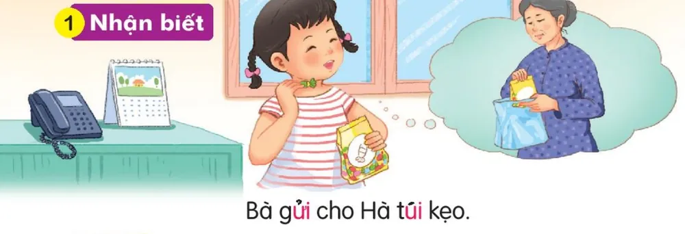 Hà cầm túi kẹo vui sướng, nghĩ tới bà đang gói quà. Câu dưới tranh: "Bà gửi cho Hà túi kẹo."