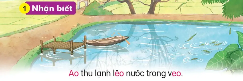 ao làng mùa thu có cầu ao và chiếc thuyền nhỏ. Câu dưới tranh: "Ao thu lạnh lẽo nước trong veo."