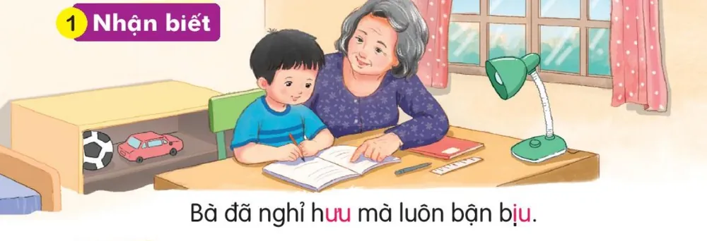 bà ngồi kèm cháu học bài bên bàn. Câu dưới tranh: "Bà đã nghỉ hưu mà luôn bận bịu."
