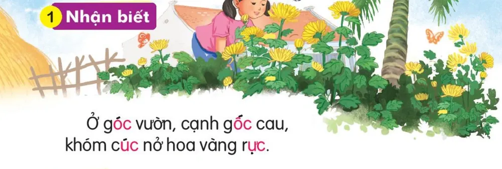 bé gái ngắm khóm cúc vàng bên gốc cau. Câu dưới tranh: "Ở góc vườn, cạnh gốc cau,