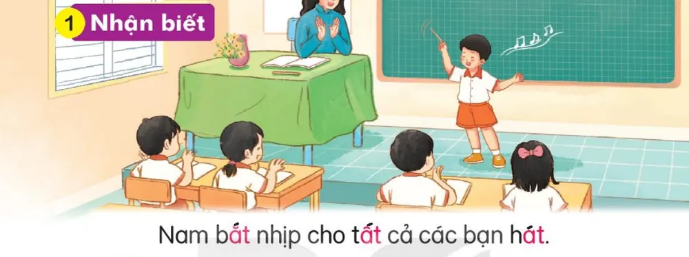 bạn Nam đứng trên bục bắt nhịp cho cả lớp hát. Câu dưới tranh: "Nam bắt nhịp cho tất cả các bạn hát."
