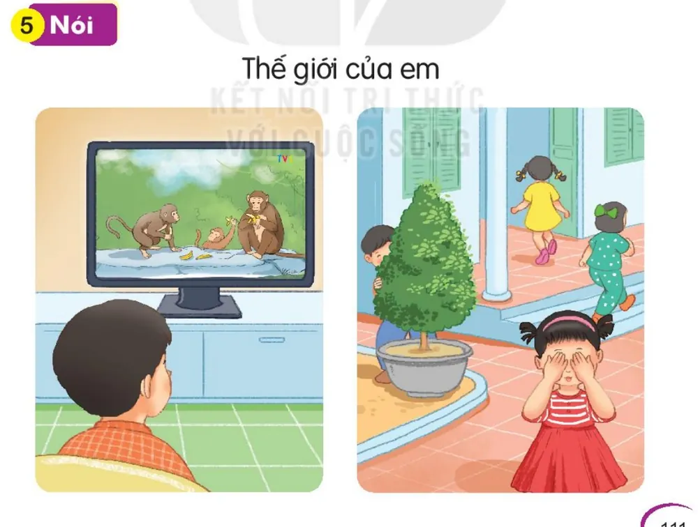 bạn nhỏ xem ti vi về đàn khỉ; các bạn nhỏ chơi trốn tìm ở sân.