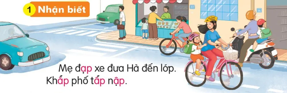 mẹ đạp xe chở Hà trên phố đông người. Câu dưới tranh: "Mẹ đạp xe đưa Hà đến lớp.