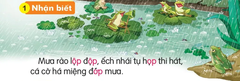 trời mưa, ếch nhái ngồi trên lá sen hát, cá dưới ao. Câu dưới tranh: "Mưa rào lộp độp, ếch nhái tụ họp thi hát,