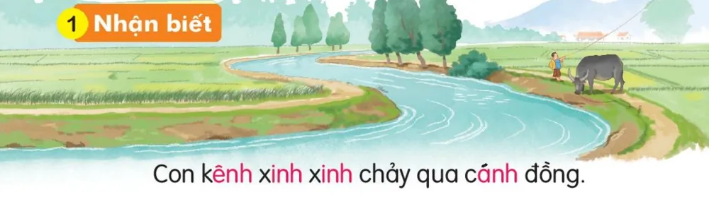 con kênh uốn lượn qua cánh đồng, có em bé thả diều và con trâu. Câu dưới tranh: "Con kênh xinh xinh chảy qua cánh đồng."