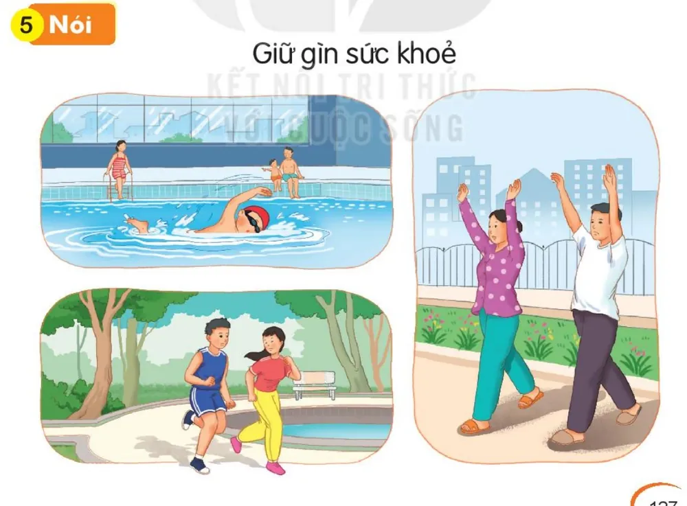 người bơi ở bể bơi; hai bạn chạy bộ trong công viên; hai người tập thể dục.