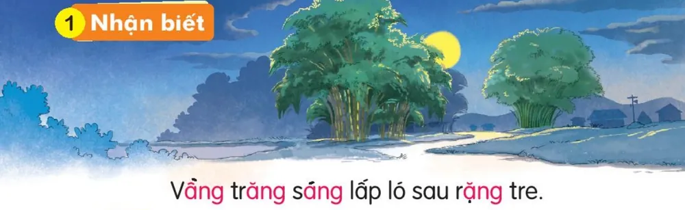 trăng tròn ló sau rặng tre ở làng quê ban đêm. Câu dưới tranh: "Vầng trăng sáng lấp ló sau rặng tre."