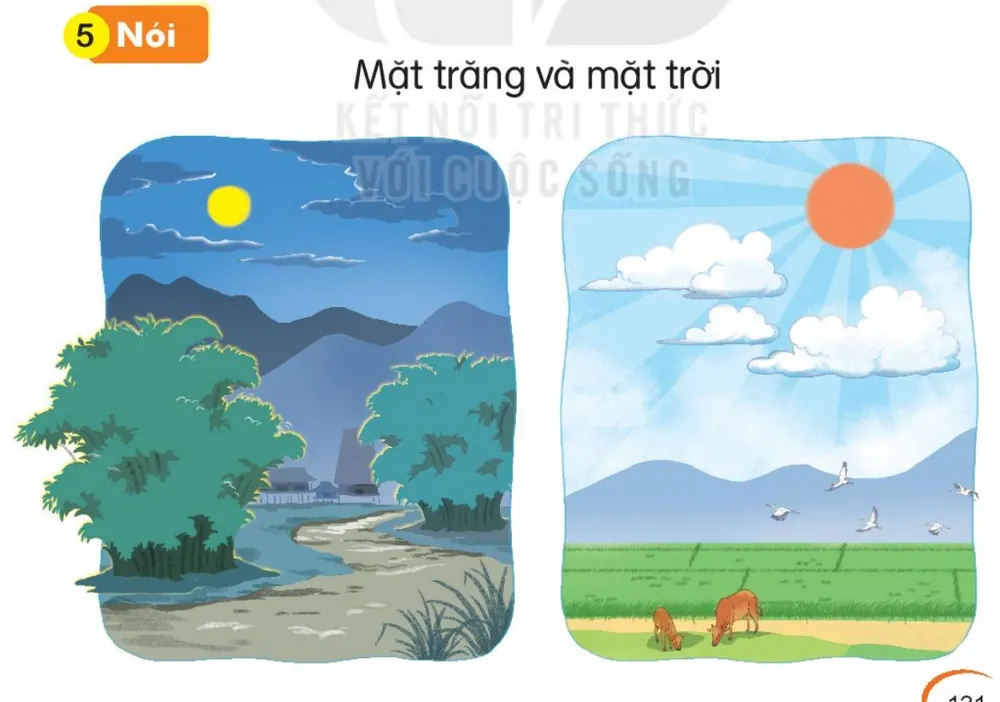 cảnh làng quê ban đêm có mặt trăng; cánh đồng ban ngày có mặt trời.