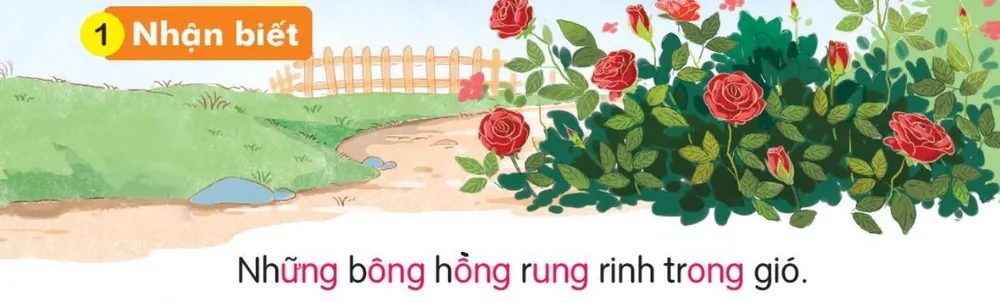 khóm hoa hồng đỏ bên đường làng. Câu dưới tranh: "Những bông hồng rung rinh trong gió."